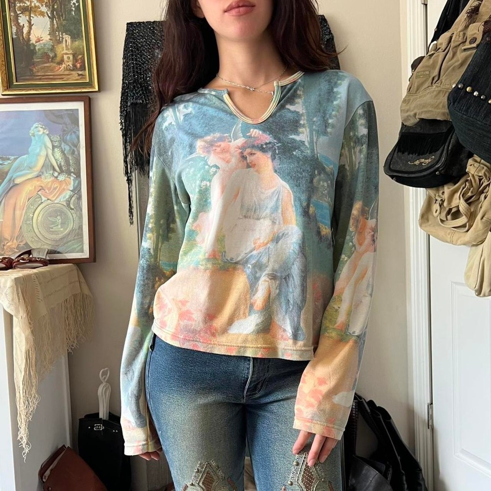 P&N Vintage 2000s Fairy All Over Print Long Sleeve Top Blue Fairycore Y2K M